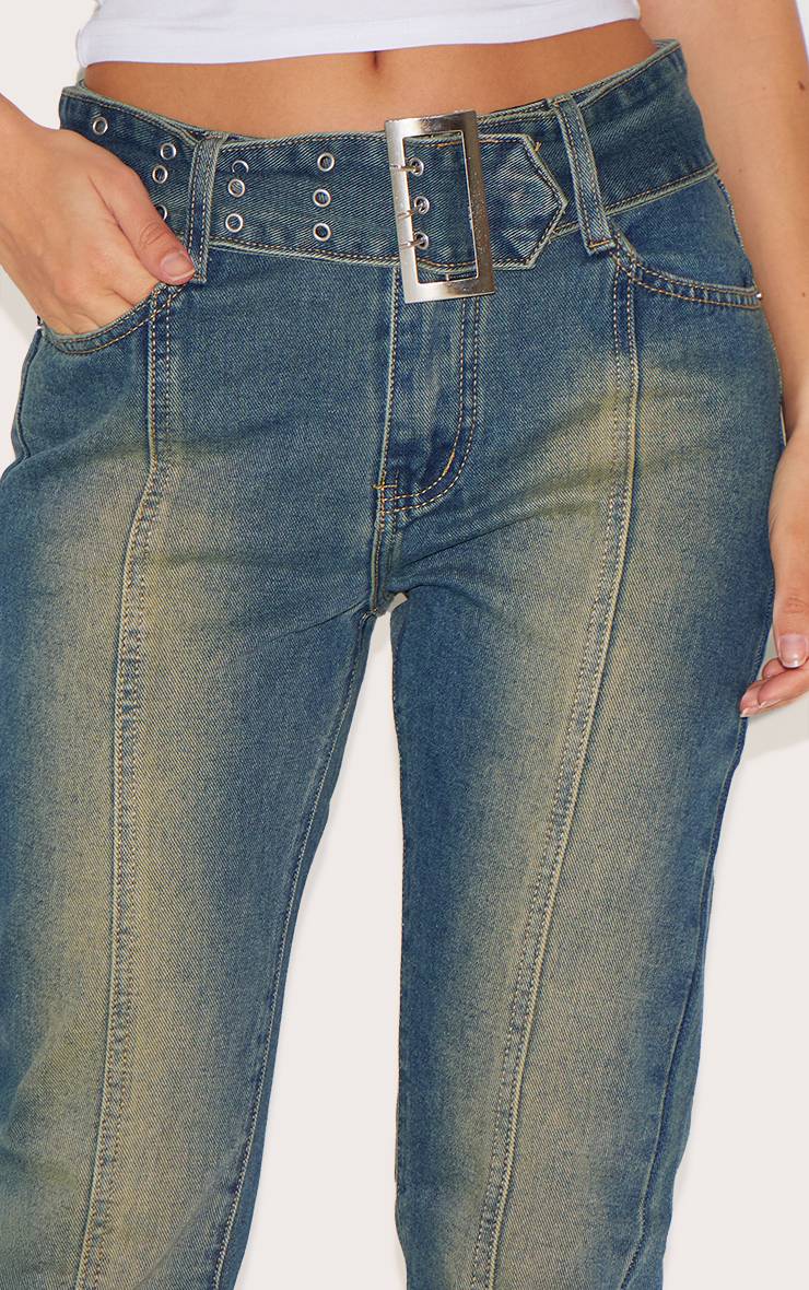 Indigo Vintage Wash Jean Évasé À Couture Frontale Avec Ceinture