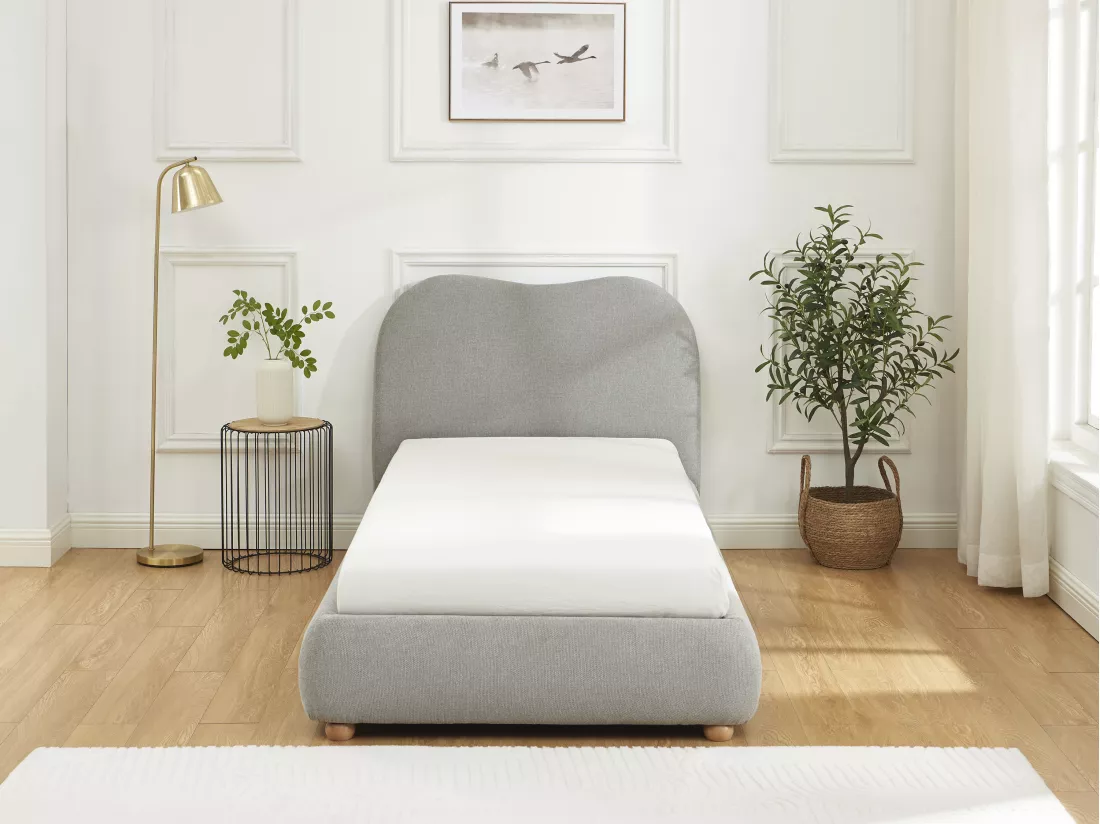 Lit coffre 90 x 190 cm - Tissu - Gris clair + Matelas - VANARI