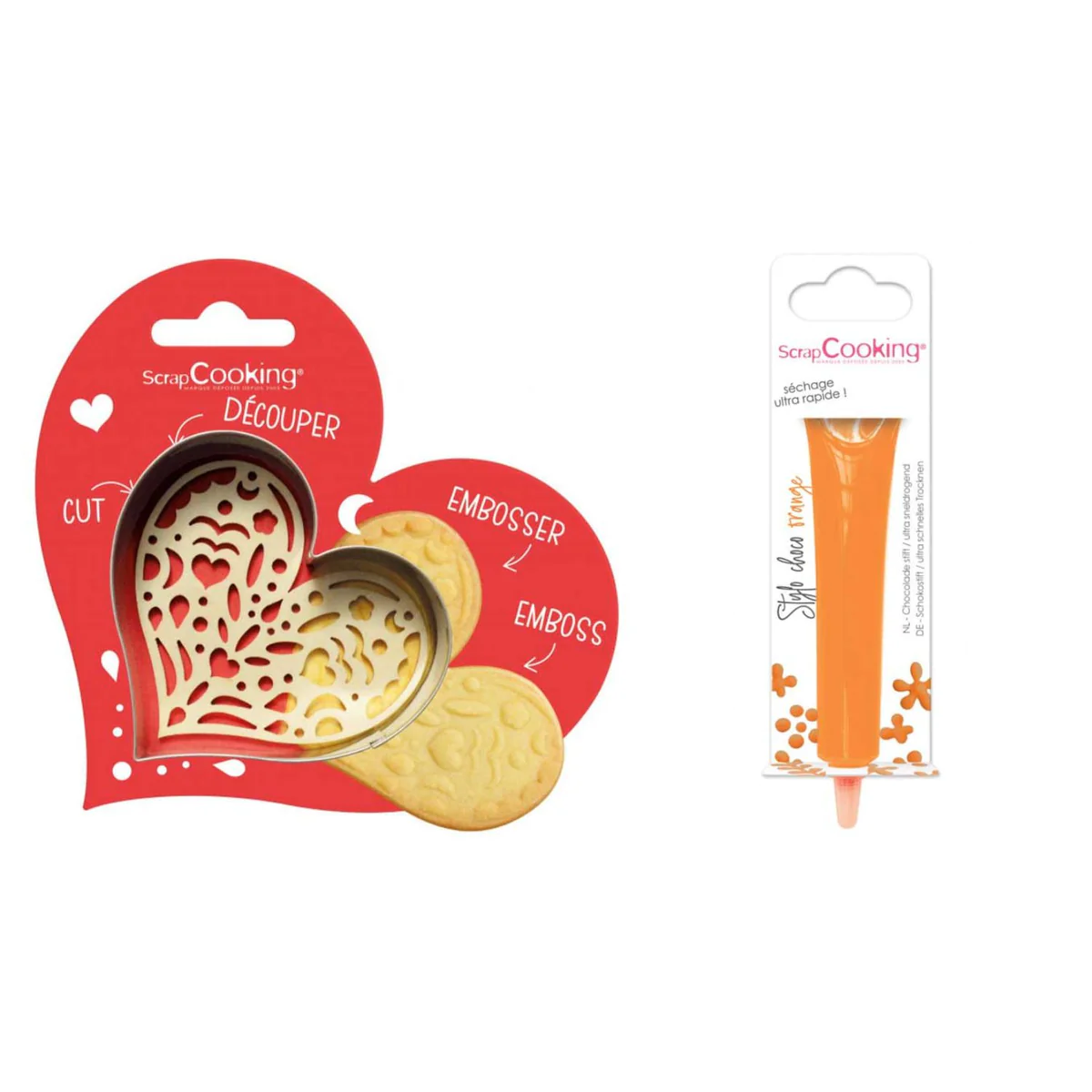 Kit pour biscuit en relief Coeur + Stylo au chocolat orange Scrapcooki