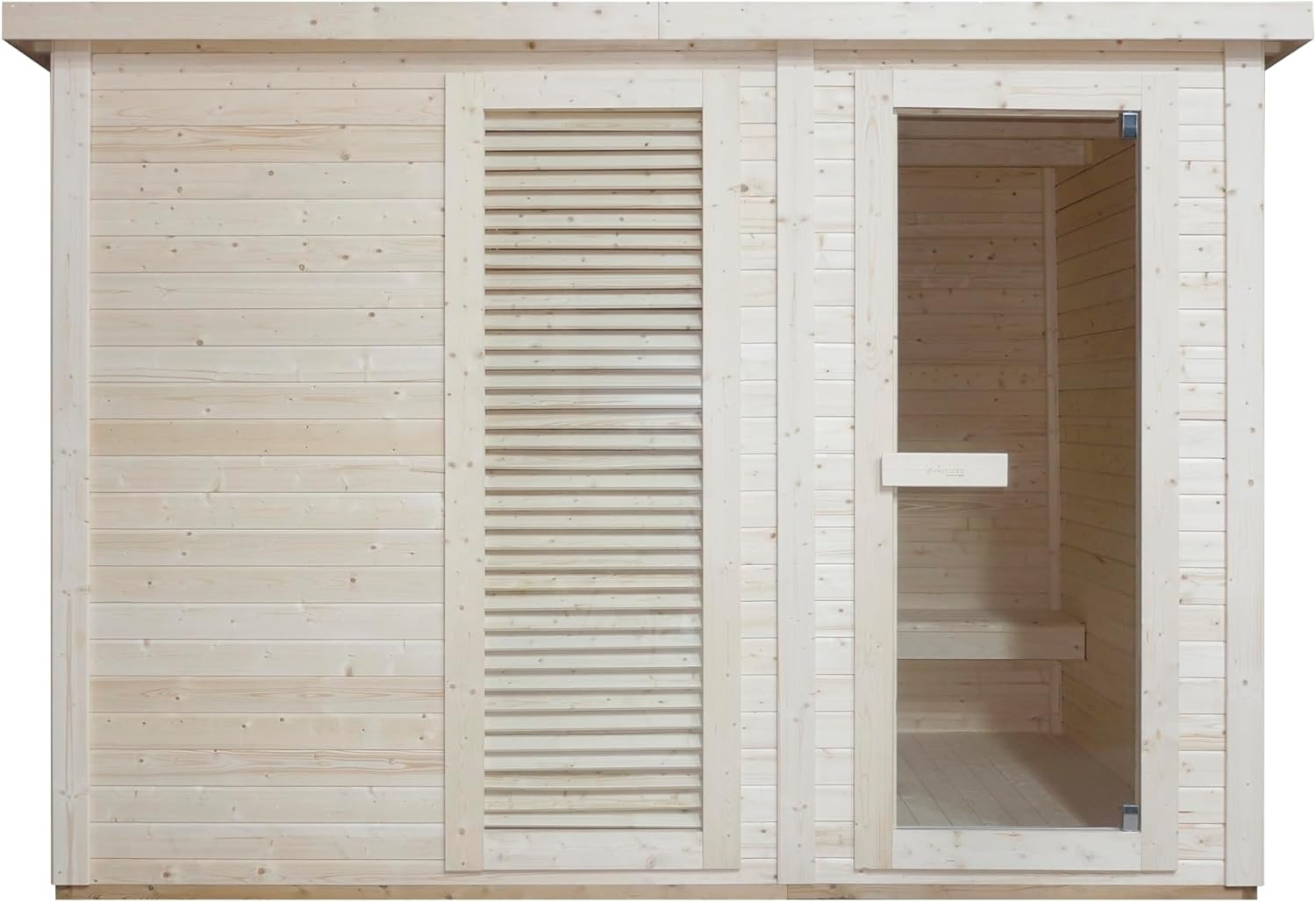 SANOTECHNIK Outdoorsauna VAASA – Außensauna für 4–6Personen 310×230×219,5cm, Harvia8kW Ofen, Thermo-Fichtenholz, ESG-Glas – Art.Nr. F30130