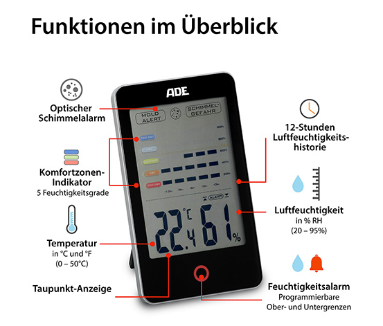Digitales Hygrometer mit Schimmelalarm, schwarz