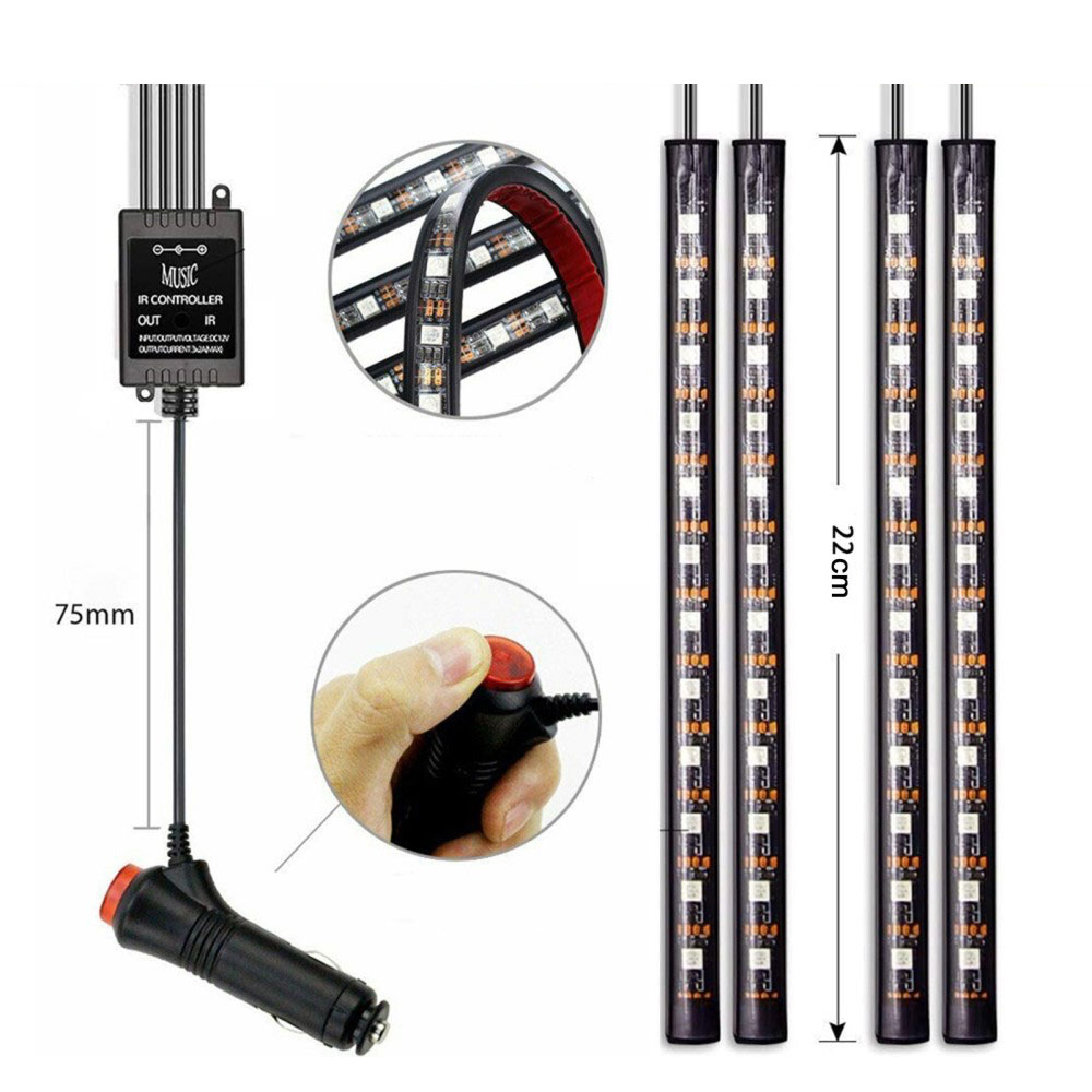 (4er Set) 48 LEDs Auto Licht Streifen RGB Fussraumbeleuchtung für KFZ Innenraum mit Sound Control   Fernbedienung - Zigarettenanzünder