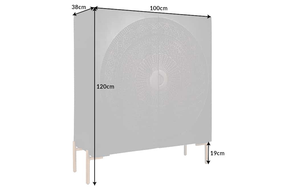 Massives Highboard MANDALA 120cm Mangoholz mit 3D Schnitzereien schwarz goldene Füße