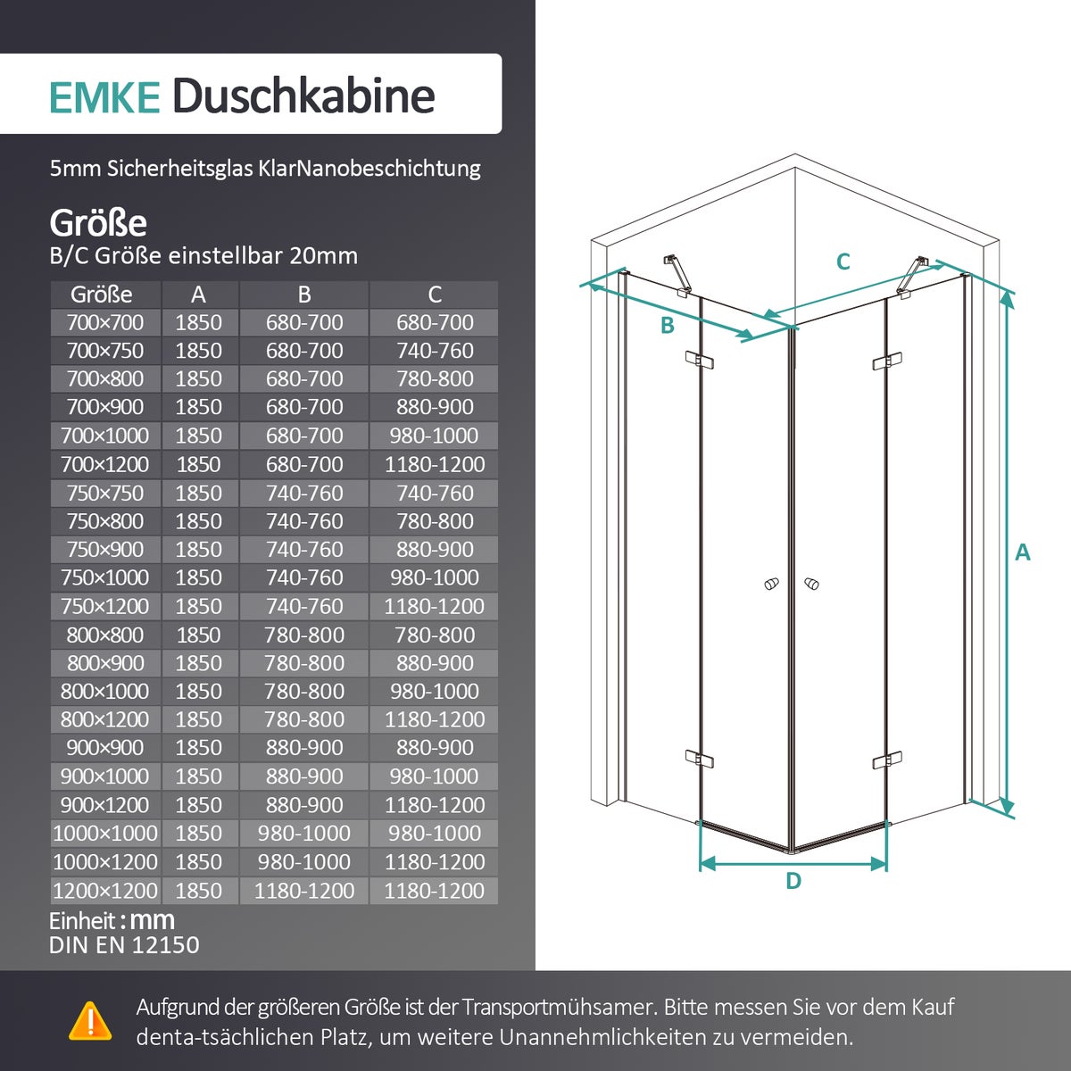 EMKE Hoekdouchecabine met 5 mm NANO-glas, 80x90 cm, hoogte 185 cm