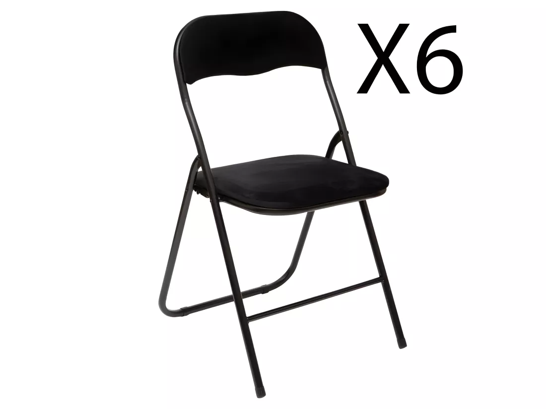 Lot de 6 chaises pliantes en velours et métal coloris noir - Longueur 44 x Profondeur 48 x Hauteur 79 cm