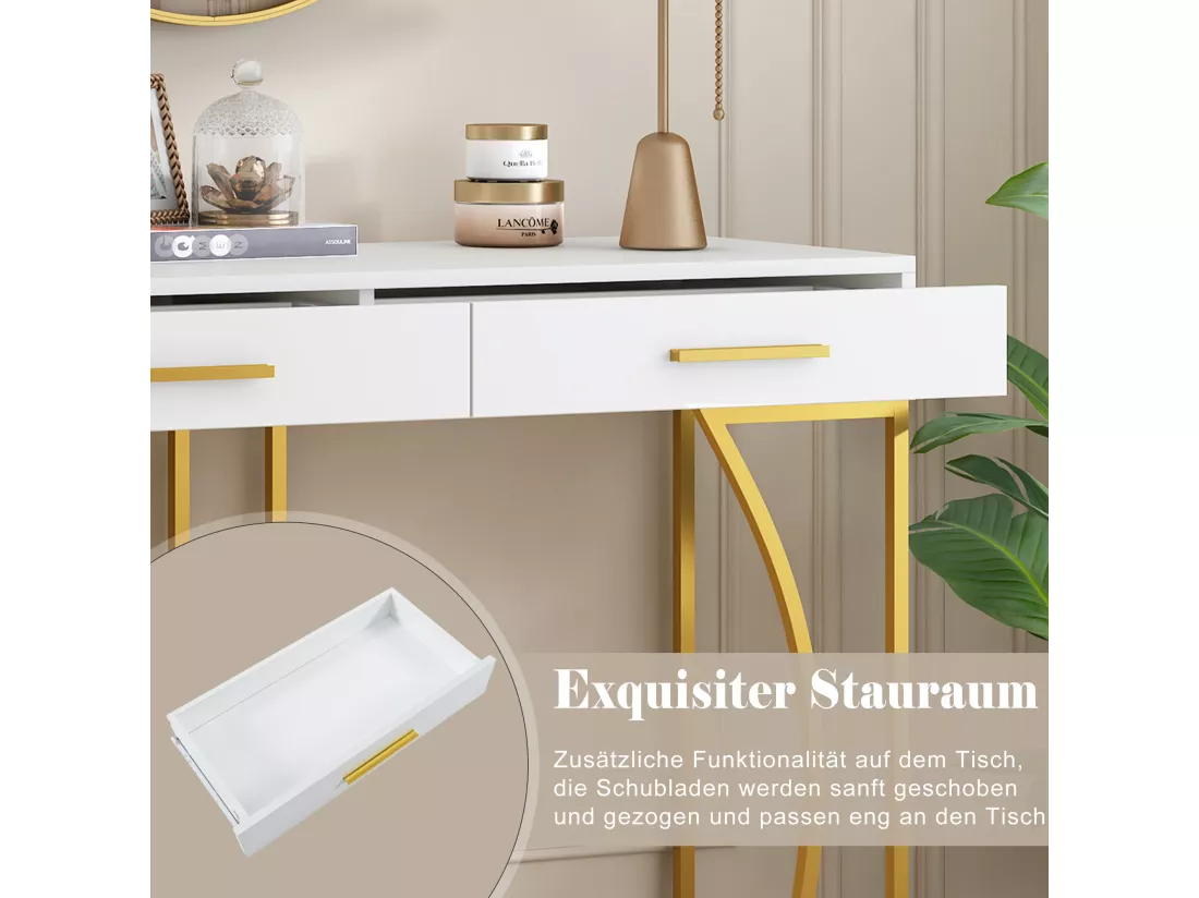 Table Console de Luxe avec 2 Tiroirs, Table d'Entrée en Métal et MDF, Table d'Appoint Élégante, Design Moderne, Blanc/Or
