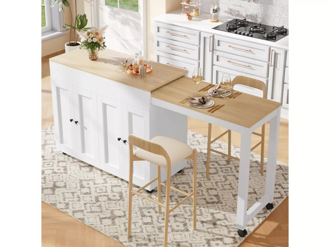 Ilot central de cuisine avec 4 portes - Plateau extensible - 118(180)x46x94 cm - Blanc+naturel