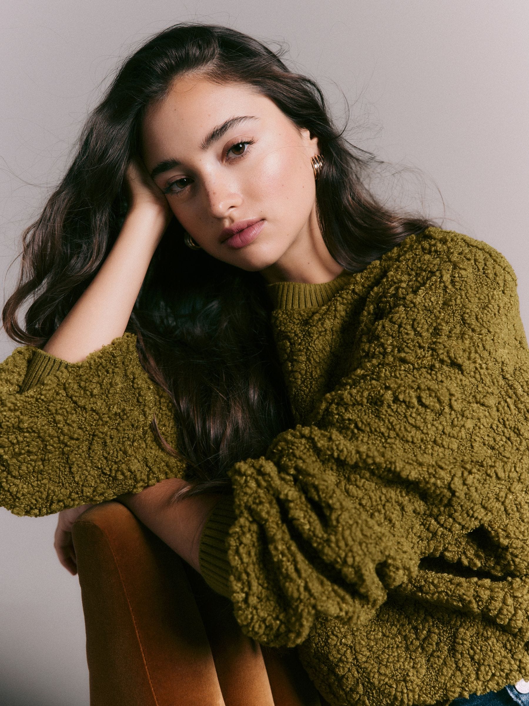 Olijfgroen - Fluffy Soft Borg Cable Long Sleeve Crew Neck Sweatshirt