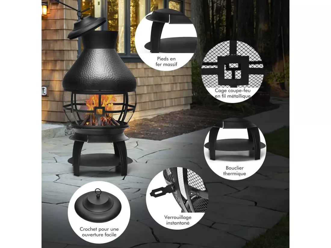 Brasero Foyer Extérieur avec Grille à Bûches en 2 Pièces, Cheminée à Bois Capuchon de Pluie et Tisonnier Couvercle en Maille Ignifuge à 360°, pour Jardin Camping Barbecue
