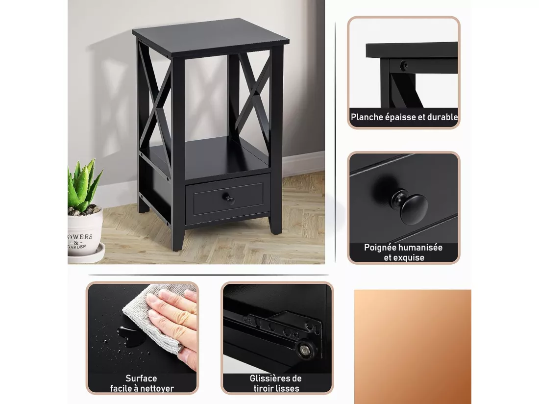 Table de Chevet avec Tiroir Inférieur et Étagère, Table de Nuit 40 x 30 x 61,5 cm, pour Salon, Chambre, Bureau, Appartement Noir