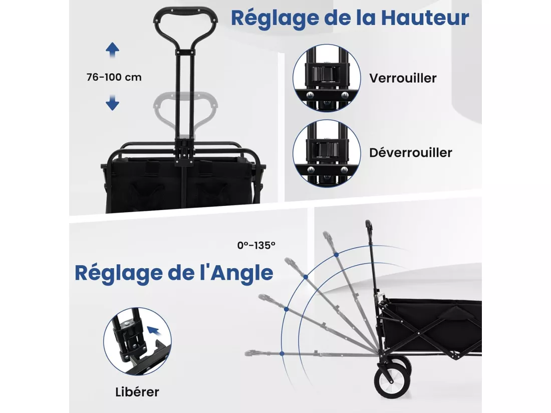 Chariot de Plage Pliable 82 L, Chariot de Transport avec Poignée Réglable et Porte-Boissons Charge 68 kg, Chariot Utilitaire Extérieur pour Jardin Camping Pêche (Noir)
