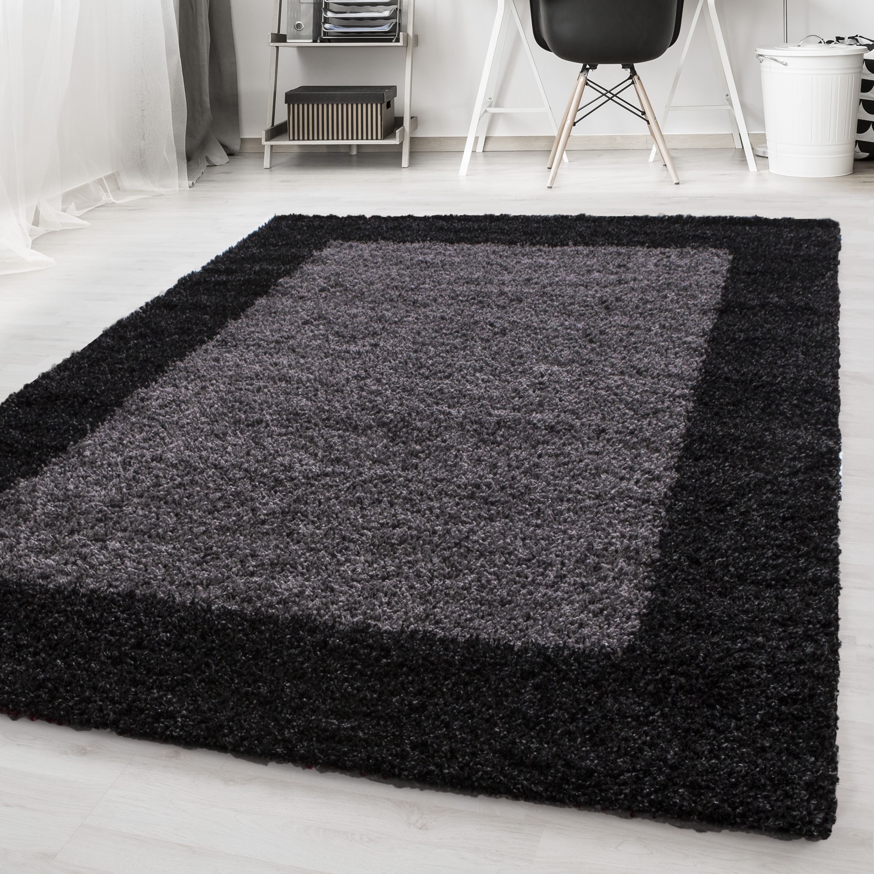 Designer Hochflor Teppich, Langflor Shaggy Teppich 2 farbig Bordüre Muster