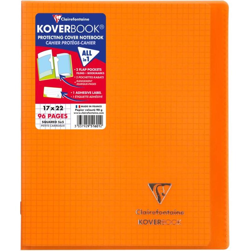 Cahier piqué Koverbook 17x22 cm 96 pages petits carreaux couverture polypropylène 100% recyclé