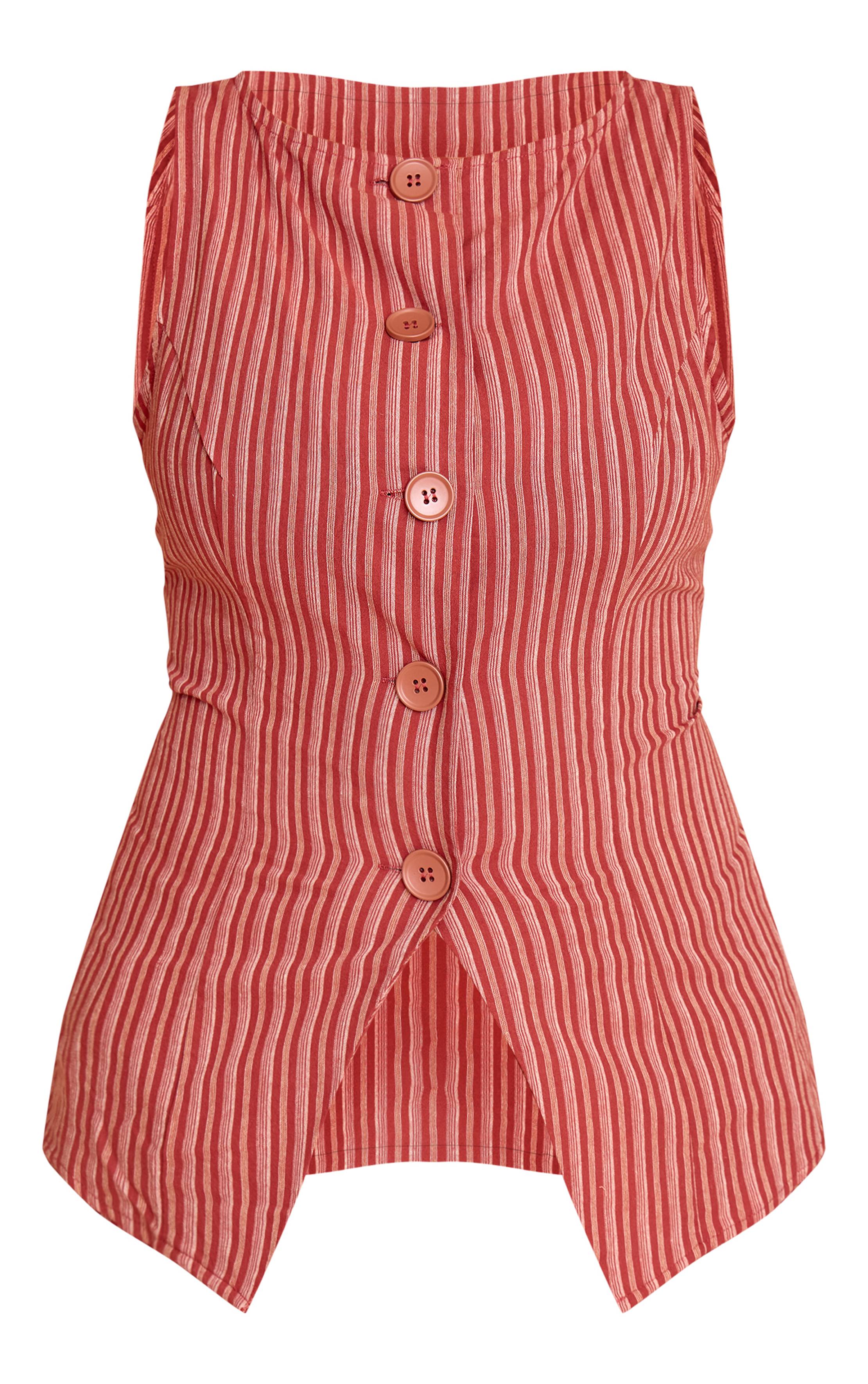 Rouge Gilet Grande Taille Rayé Aspect Lin Col Bateau Avec Boutons Ensemble Coordonné