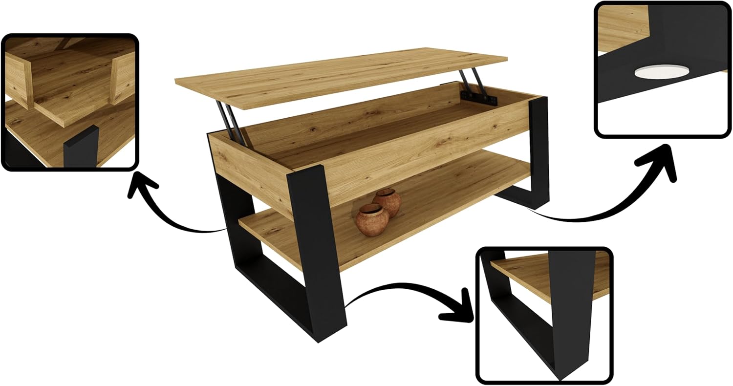 Couchtisch mit anhebbarer Platte | Höhenverstellbarer Wohnzimmertisch mit Stauraum | Sofatisch Eiche Artisan Schwarz modern mit Ablage & verstecktem Fach – Coffee Table für Wohnzimmer & Büro