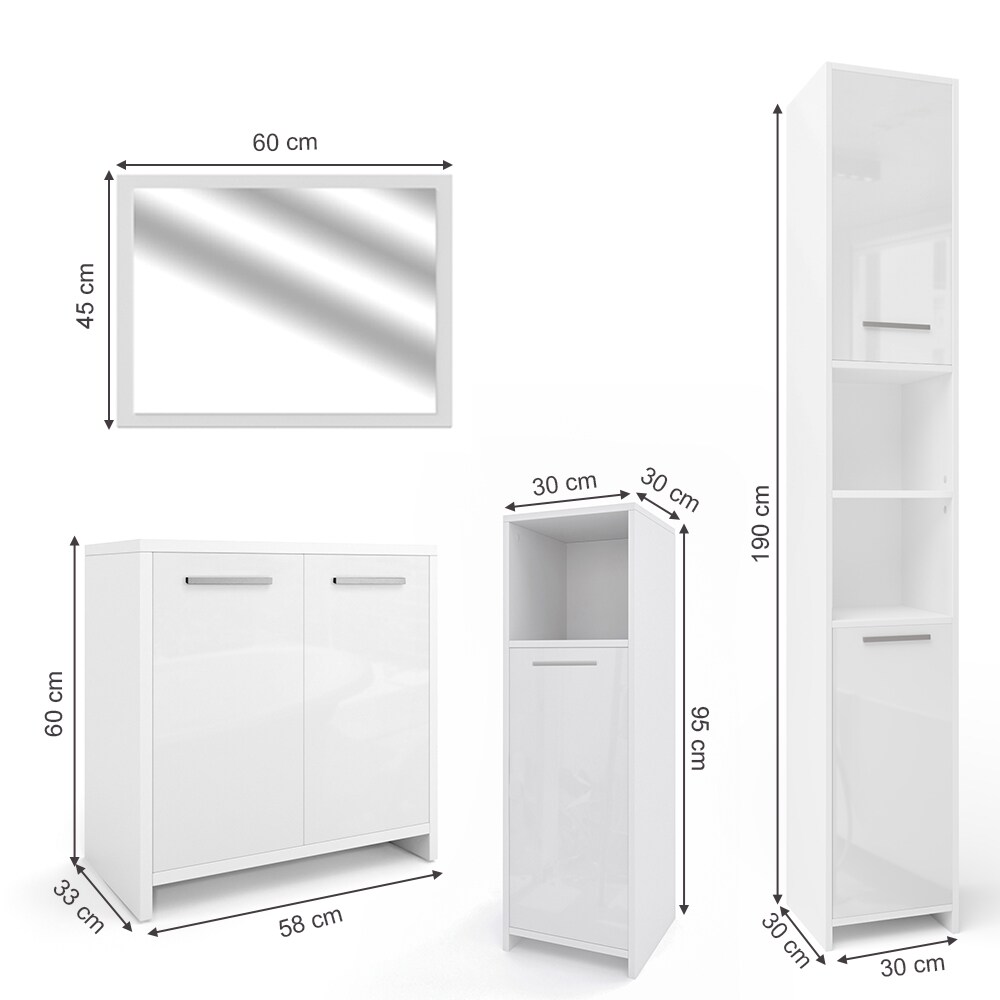 Vicco Badmöbel Set Kiko Badezimmer Spiegel Kommode Unterschrank Weiß / Weiß Hochglanz