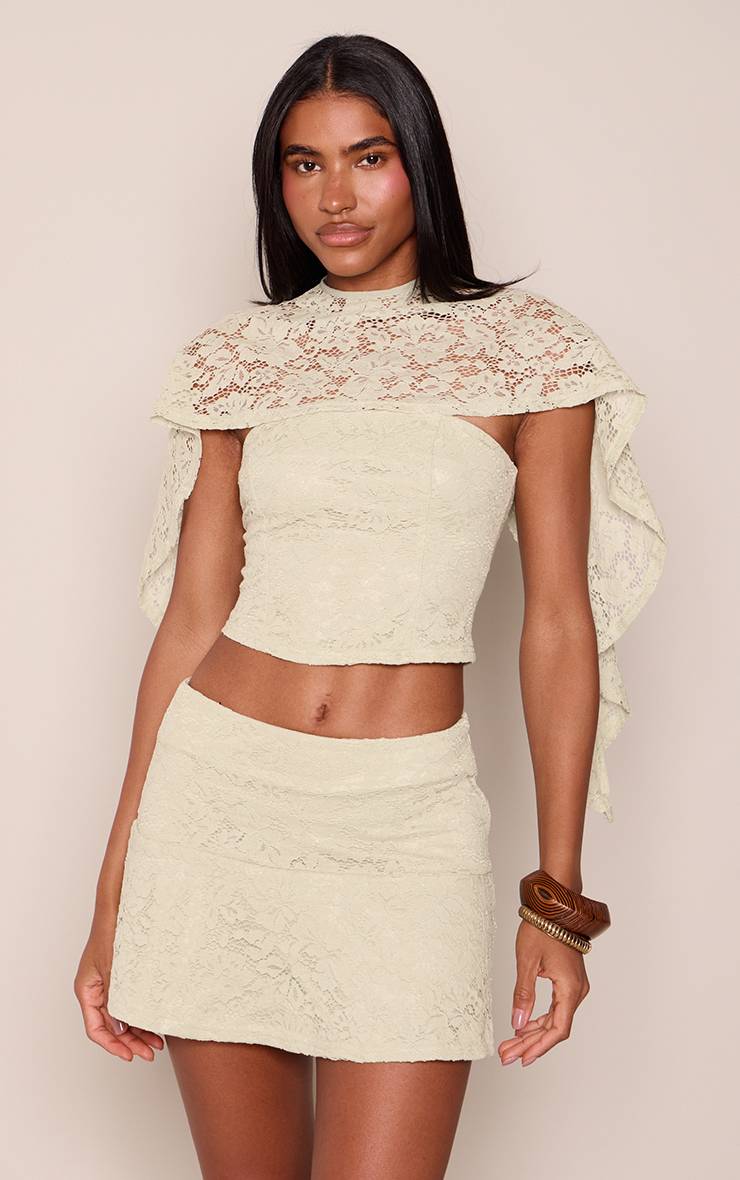 Vert Sauge Ensemble Coordonné Haut Bandeau En Dentelle Avec Détail Cape