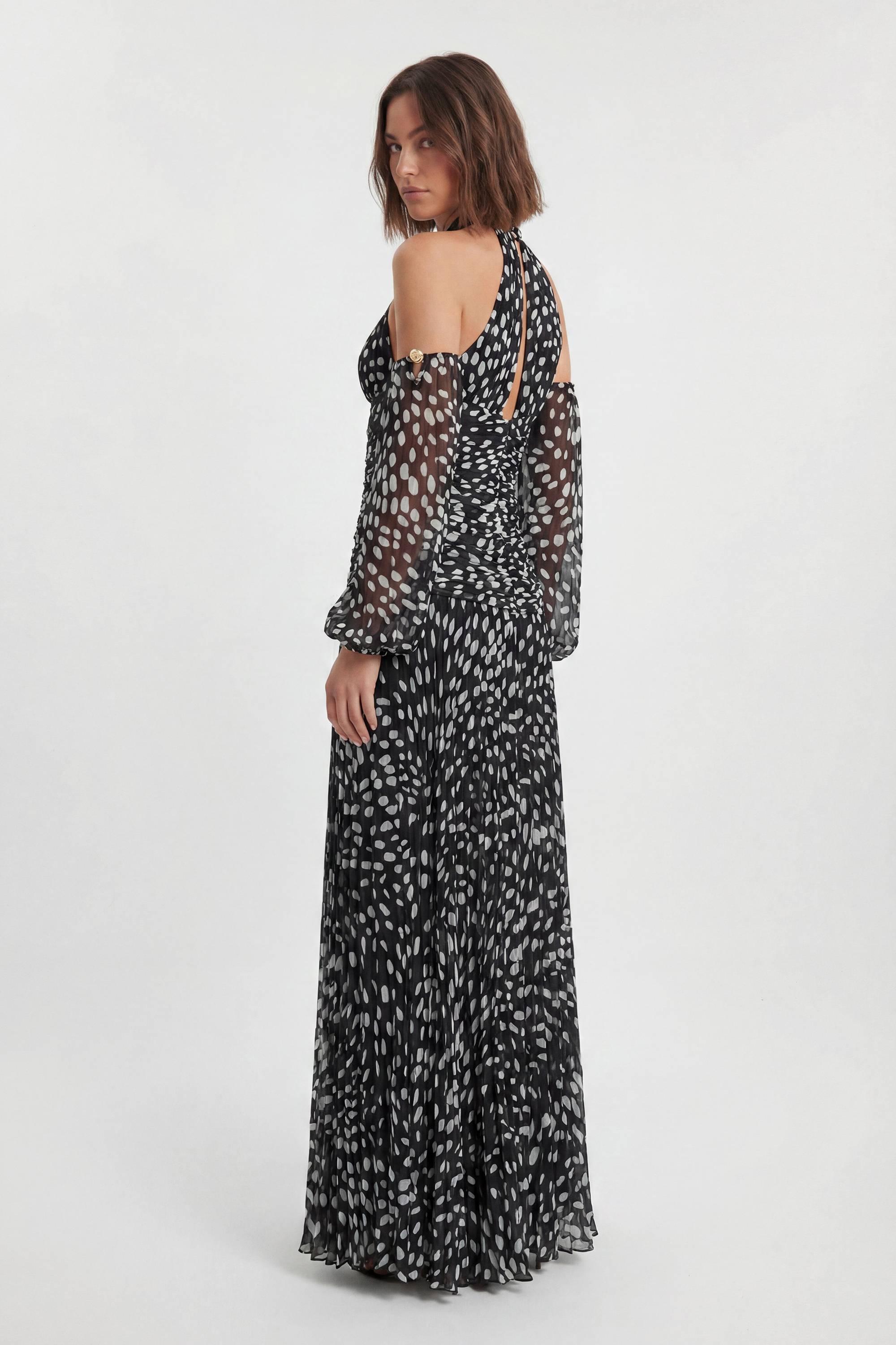 KarenMillen Robe Maxi En Georgette Tissée Froissée À Pois Avec Épaules Dénudées