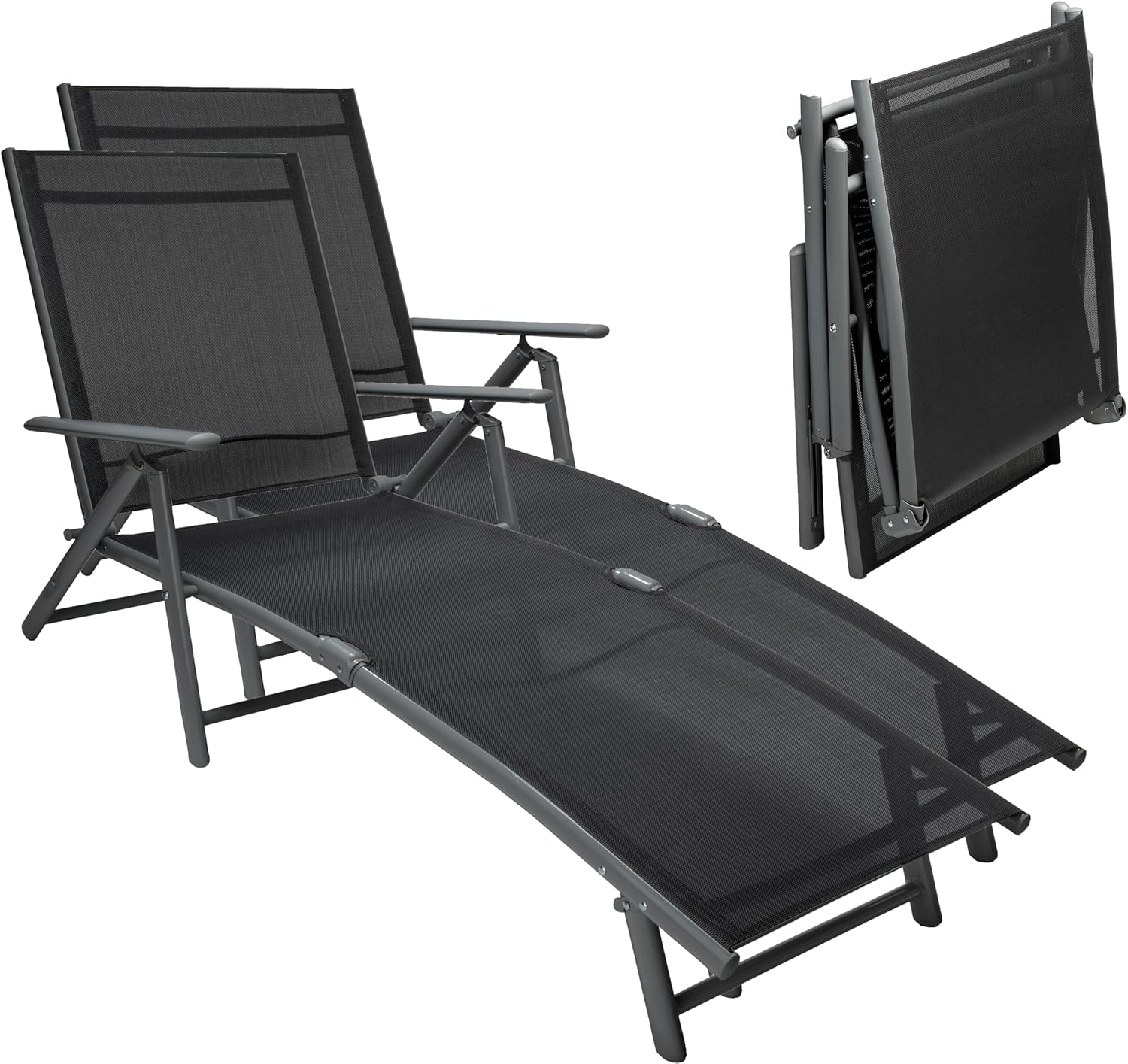 sunnypillow 2er Set Sonnenliegen klappbar 150 kg belastbar - Gartenliege aus Aluminium für Garten Balkon Terrassen wetterfest - Liegestuhl mit 8 Fach Verstellbarer Rückenlehne mit Armlehnen Anthrazit