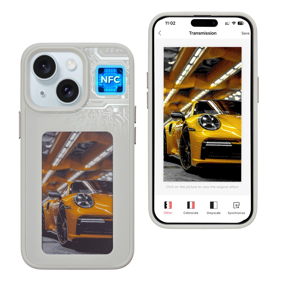 iPhone 15 Hybrid Hülle TPU Bumper mit Acryl Rückseite   DIY E-Ink Display mit NFC Technologie - Grau