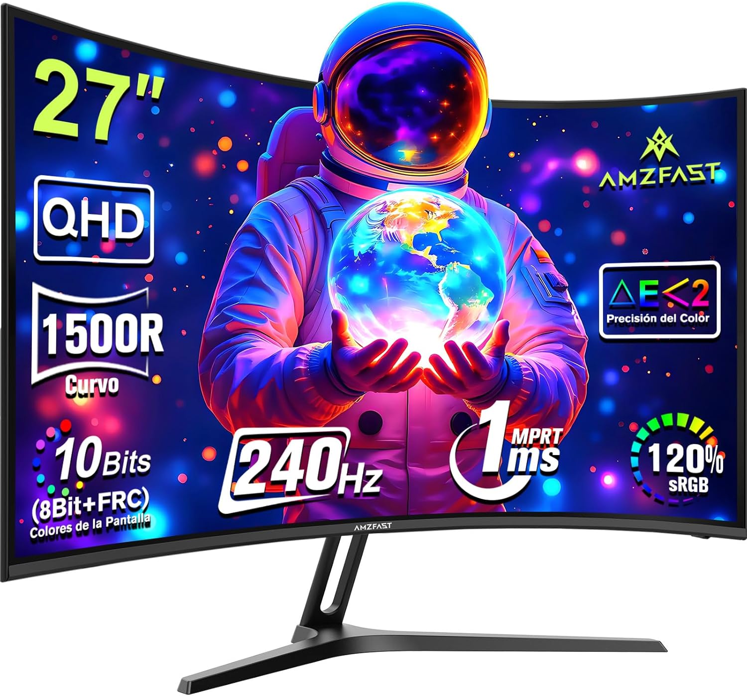 Amzfast Écran PC Gaming 27 Pouces Incurvé, 2K QHD(2560 x 1440), 240Hz Moniteur, 1Ms MPRT, 1500R, sRGB 120 pour cent, Adaptive Sync, Low Blue Light,VESA 100 * 100, HDMI 2.0 * 2/DP 1.4 * 2, AMZG27C1Q Pro
