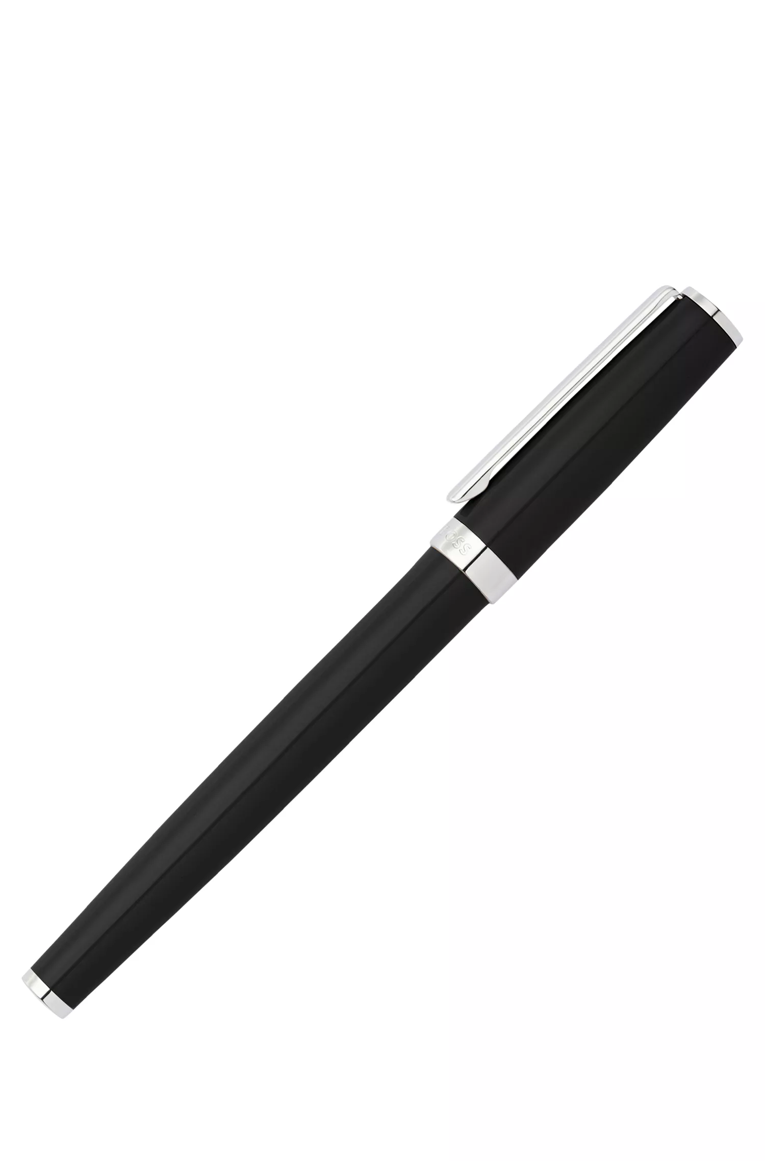 Caneta-tinteiro BOSS preta com acabamento em laca brilhante e anel com o logotipo.
