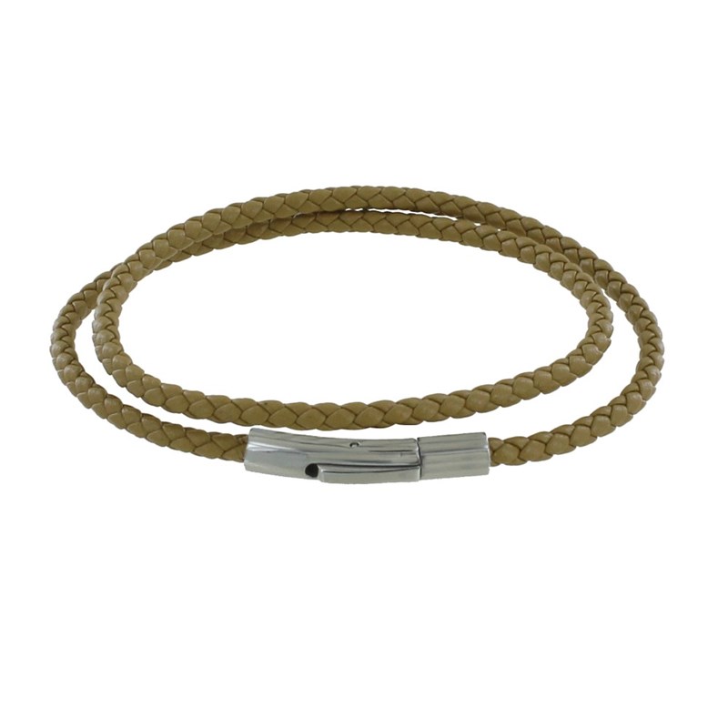 Bracelet Femme Double Tour Cuir Tréssé Rond pour Poignet de 18cm - Vert kaki