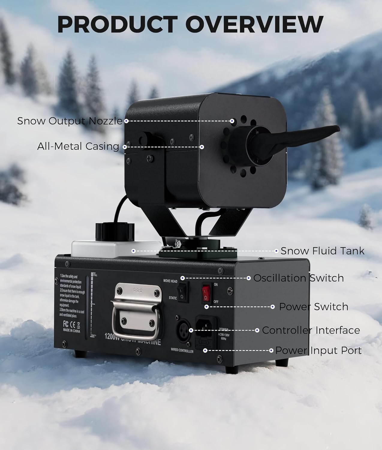 1200-W-Schneemaschine mit automatischer 90°-Oszillation, einstellbarer Schneemenge und Flockengröße, Schneefallmaschine für den Außenbereich für Weihnachten, Hochzeiten, Partys und Bühnen