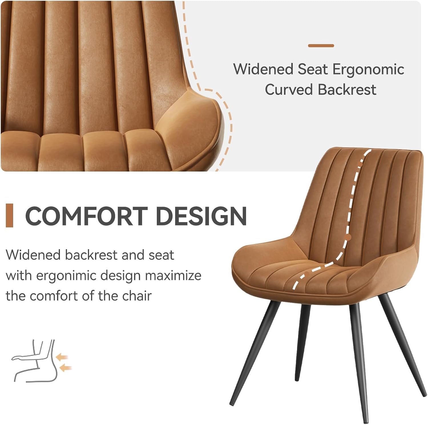 Esszimmerstühle 2er Set | Polsterstühle mit 10 cm Sitzkissen • künstlicher Stoff Dining Chair • Küchenstuhl mit Rückenlehne • Moderne Sessel • Metallbeine • Braun
