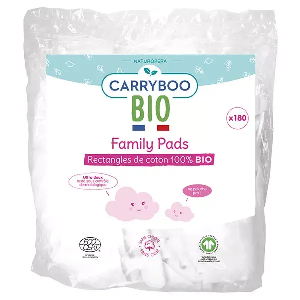 Refil de absorventes Carryboo Family Care, algodão orgânico ultramacio, 180 unidades.