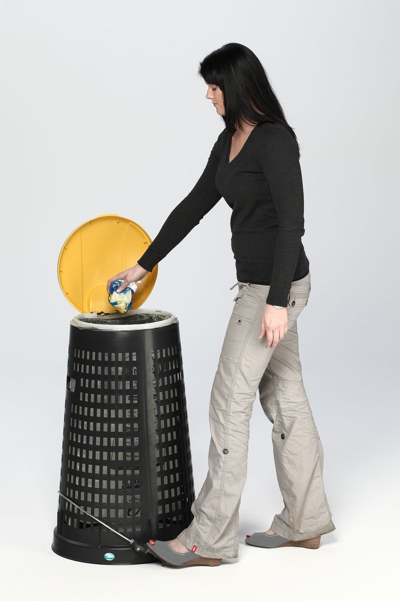 PROREGAL Robuuste afvalbakstandaard met klemring 90 liter HxBxD 88 x 52,5 x 52,5 cm Kunststof Zwart Geel Deksel