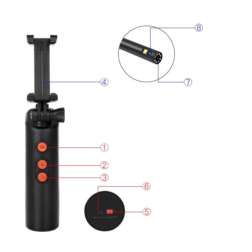 (10m) Wasserfeste Wifi Endoskopkamera 9-LED Inspektionskamera FullHD 1080p IP68 (iOS/Android) mit Handy Halterung - Schwarz / Orange