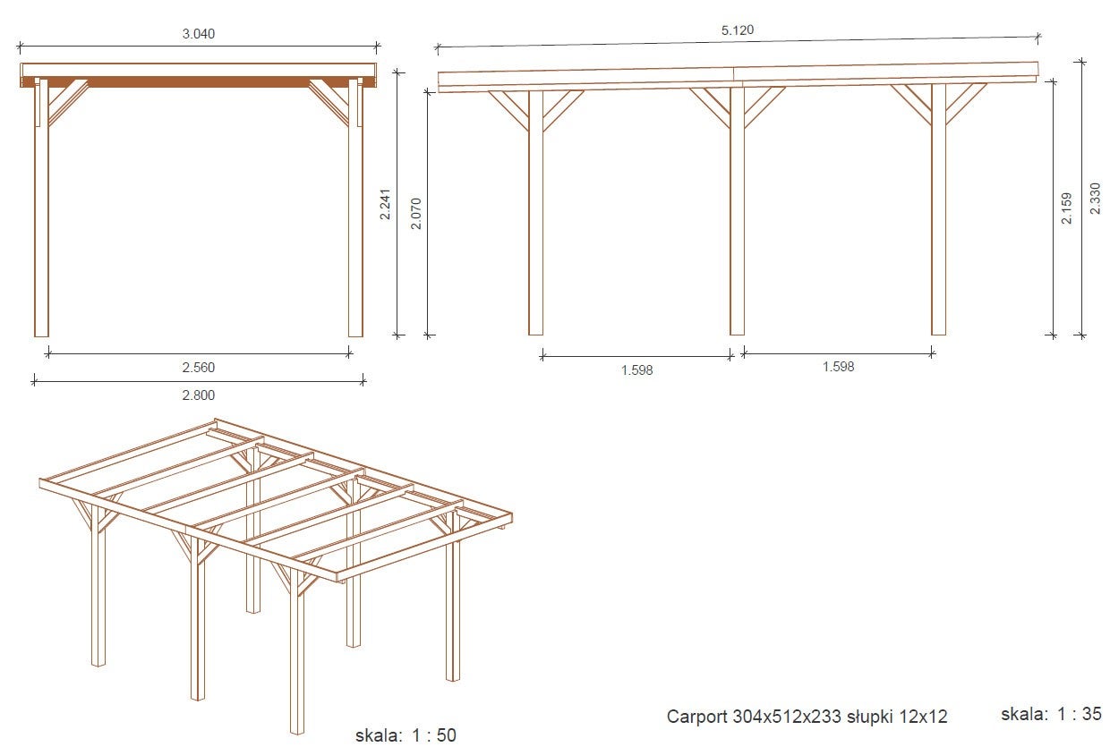 Carport garage dak 3,04x5,12 m - 15,56 m2