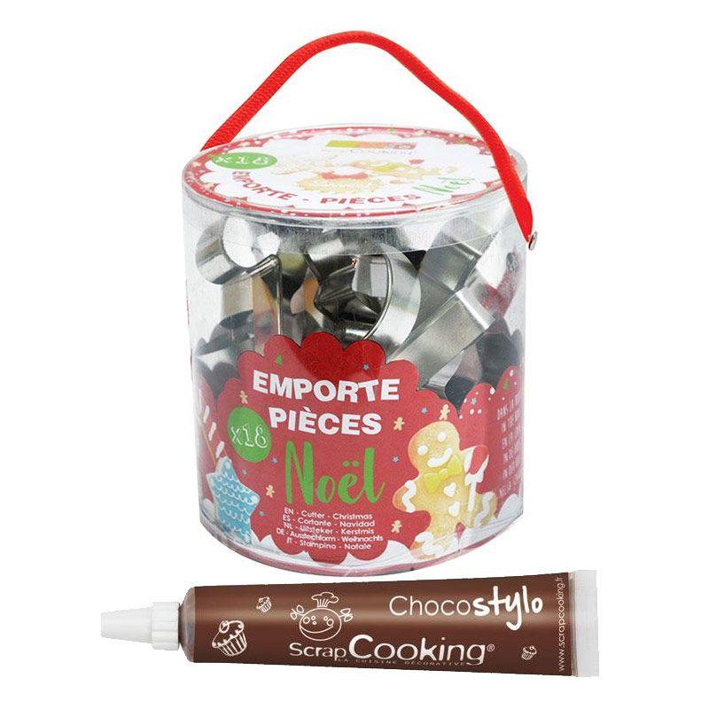 Seau de 18 emporte-pièces en inox Noël + 1 Stylo chocolat Scrapcooking