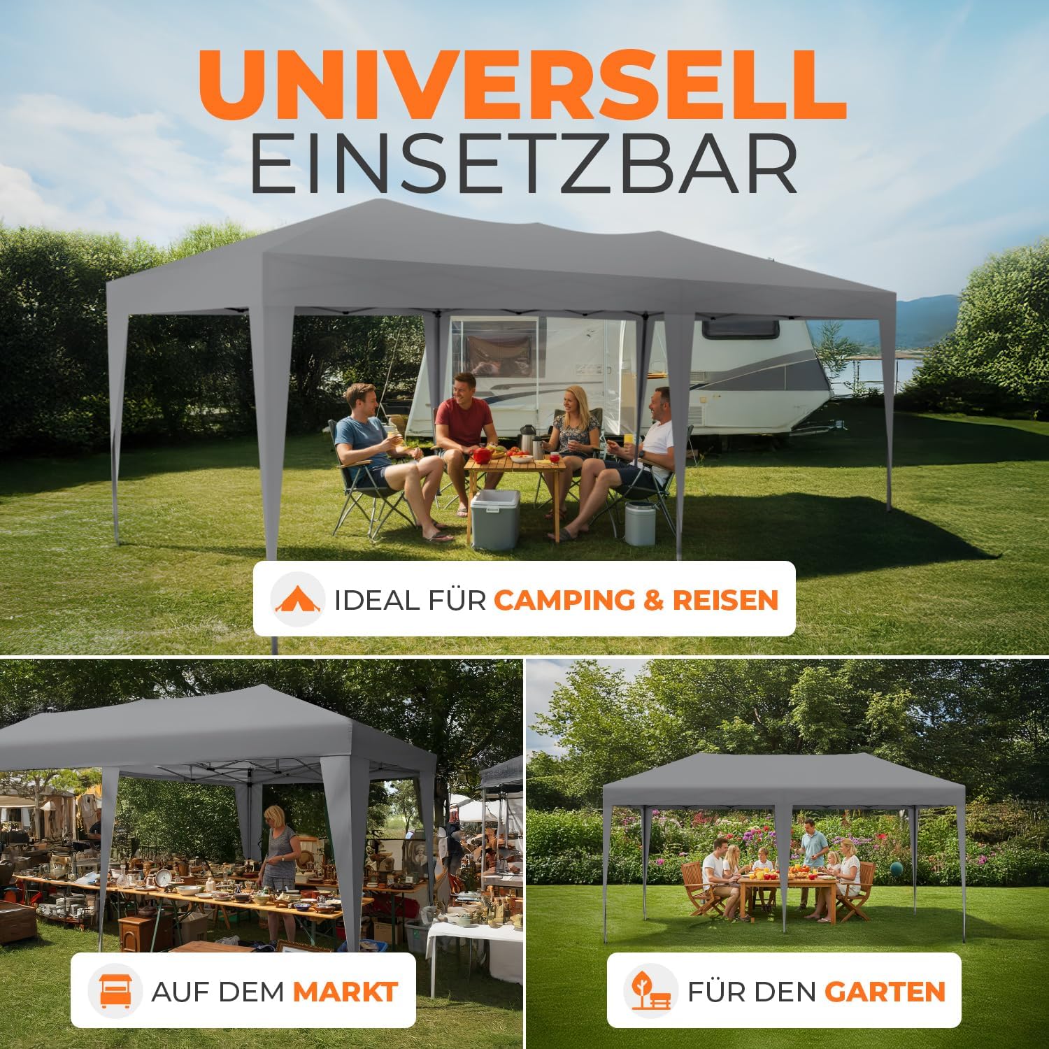 Kronenburg Faltpavillon wasserdicht Pavillon mit 6 Seitenteilen, Gartenzelt, 3x6 m - mit UV Schutz 50+, Grau