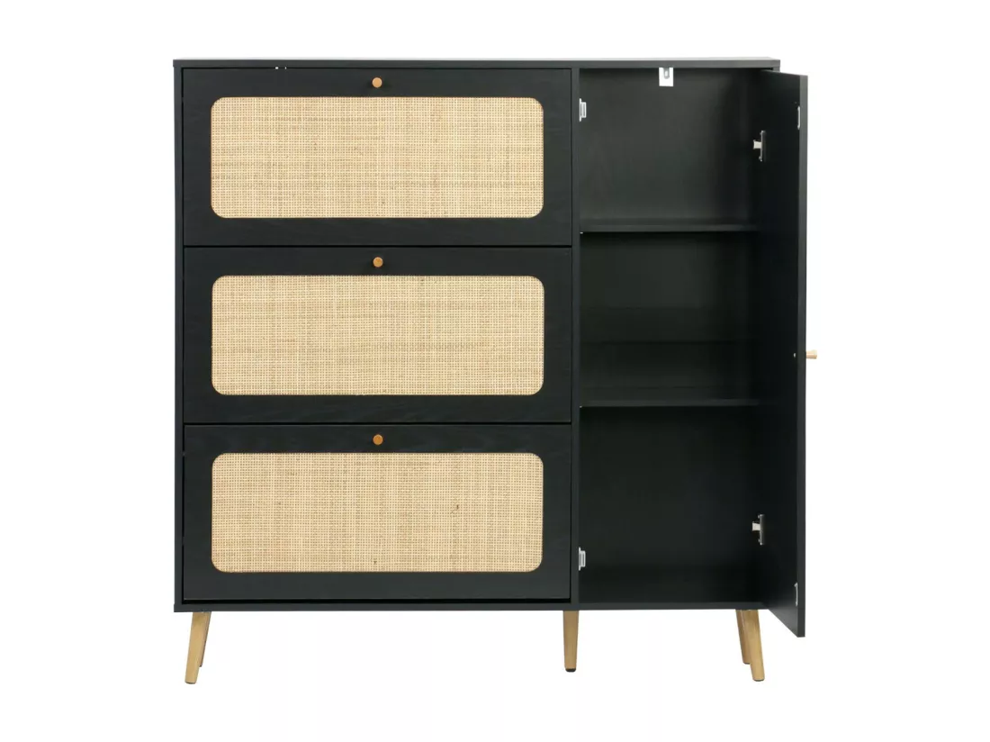 Meuble à chaussure cannage Bohème noir. 3 tiroirs. 1 porte. 21 paires. 120 x 24 x 125 cm