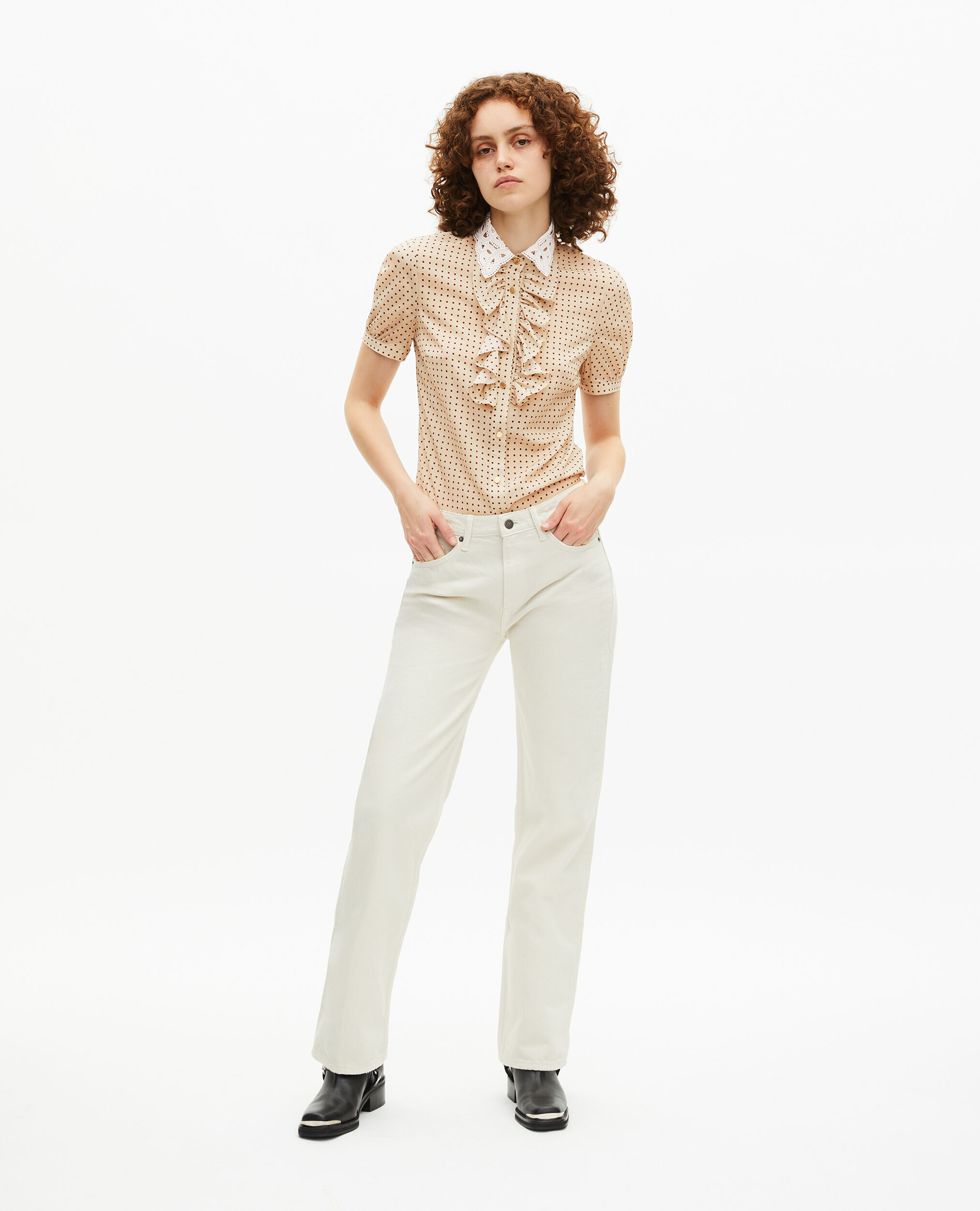 Chemise manches courtes à pois beige