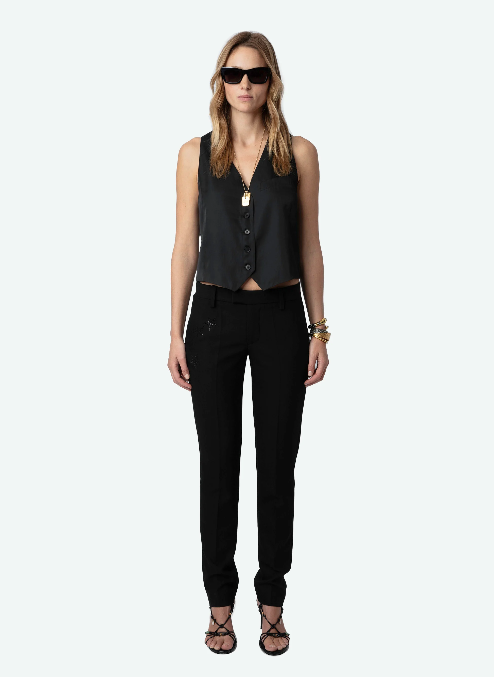 EMAUX - Gilet de costume col V en satin | Noir