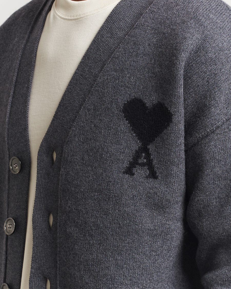 AMI Big Heart Logo Wool Knitted Cardigan Dark Grey