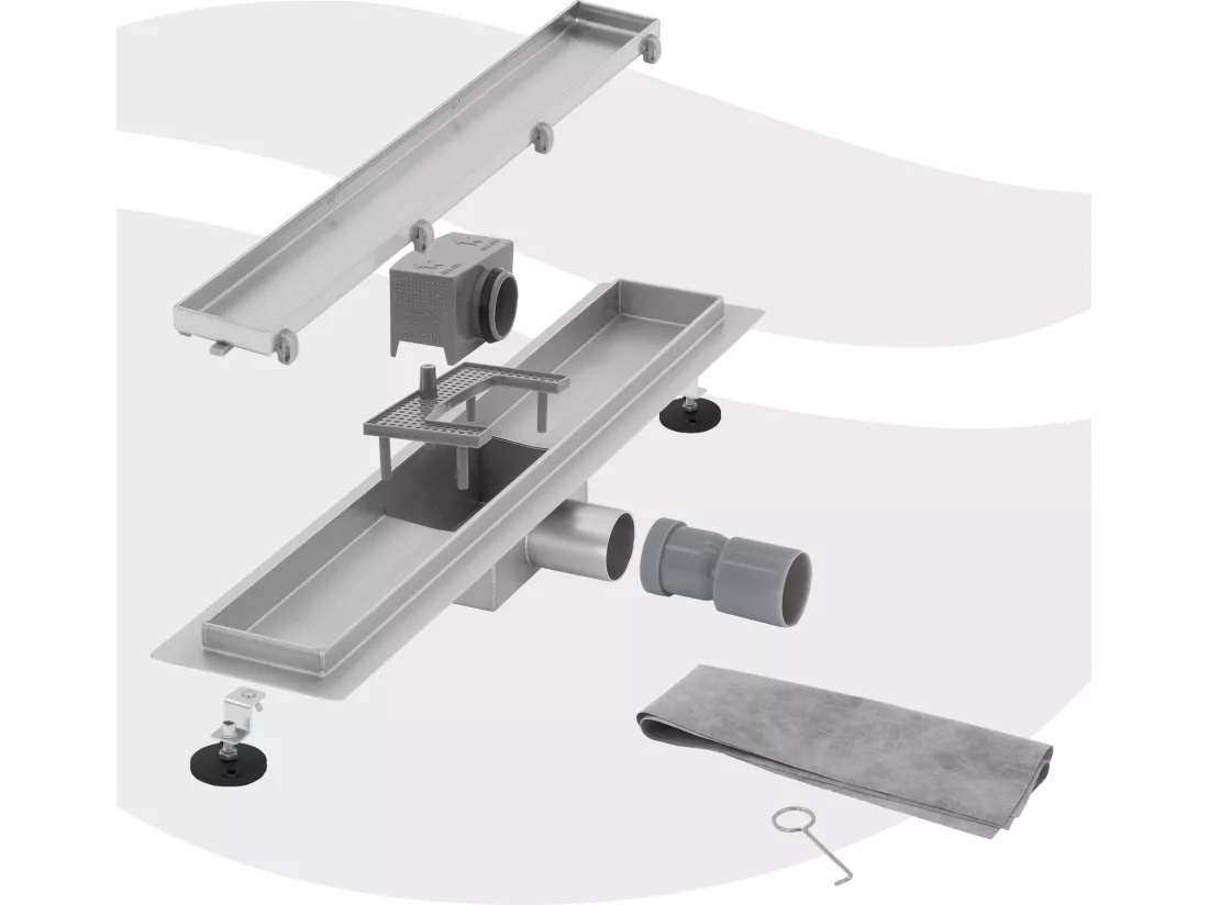 Caniveau de douche en acier inoxydable carrelé 80 cm et siphon Set complet argent plat LuxeBath
