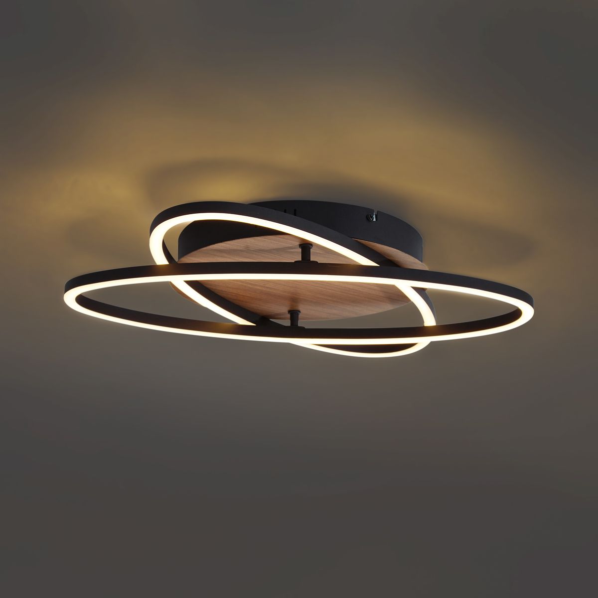 Plafondlamp zwart met walnoot hout incl. LED 3-staps dimbaar 2-lichts - Kane
