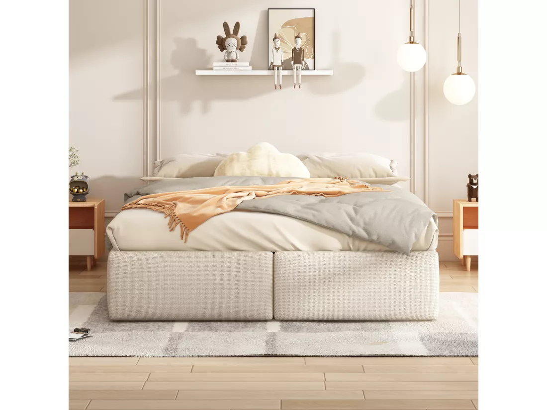 Lit coffre 160x200cm en tissu lin avec 2 tiroirs - sommier à lattes - sans tête de lit - Beige