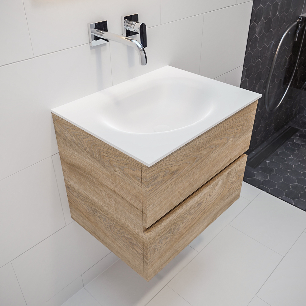 Mondiaz Vica 60cm badmeubel washed oak 2 lades wastafel Moon midden geen kraangat