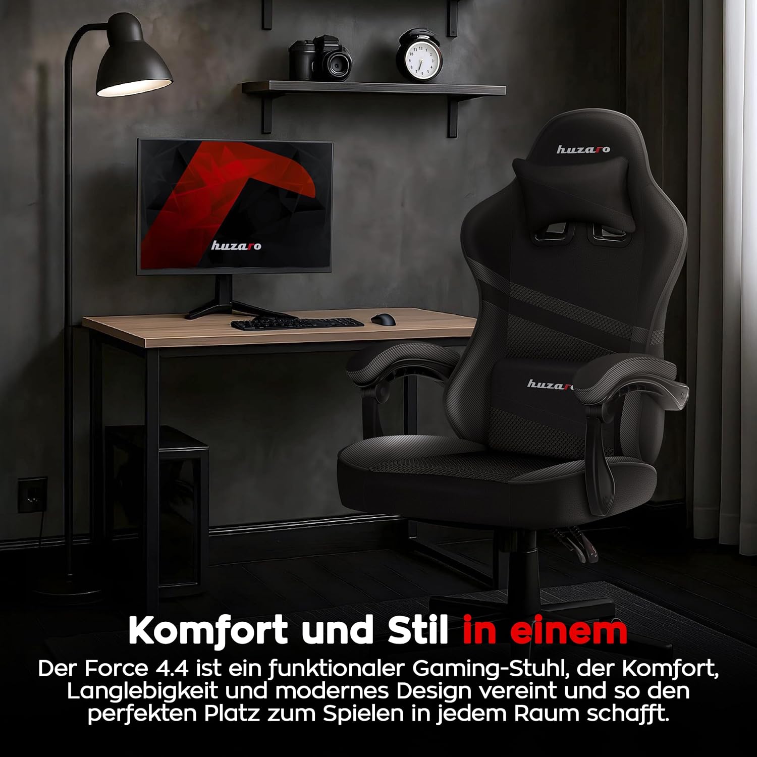 huzaro Force 4.4 Carbon | Gaming Stuhl PC Bürostuhl Schreibtischstuhl Ergonomischer Gamer | bis 130 kg belastbar | Kopfstütze Lendenkissen | Stoff Kunstleder | Schwarz Höhenverstellbar Wippfunktion