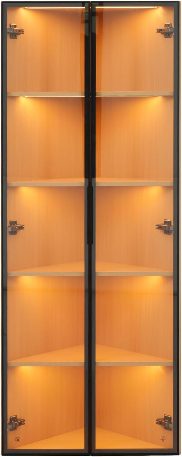 BTM LED Glasvitrine 62x35x160cm Eckvitrine mit Tür – Sammlungsvitrine, Bücherregal, Weinschrank, Badezimmerschrank, Eiche