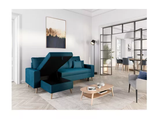 Canapé d'angle Maria scandinave réversible et convertible avec coffre en velours - Bleu pétrole - L227 x 148 x 95cm - Loungitude