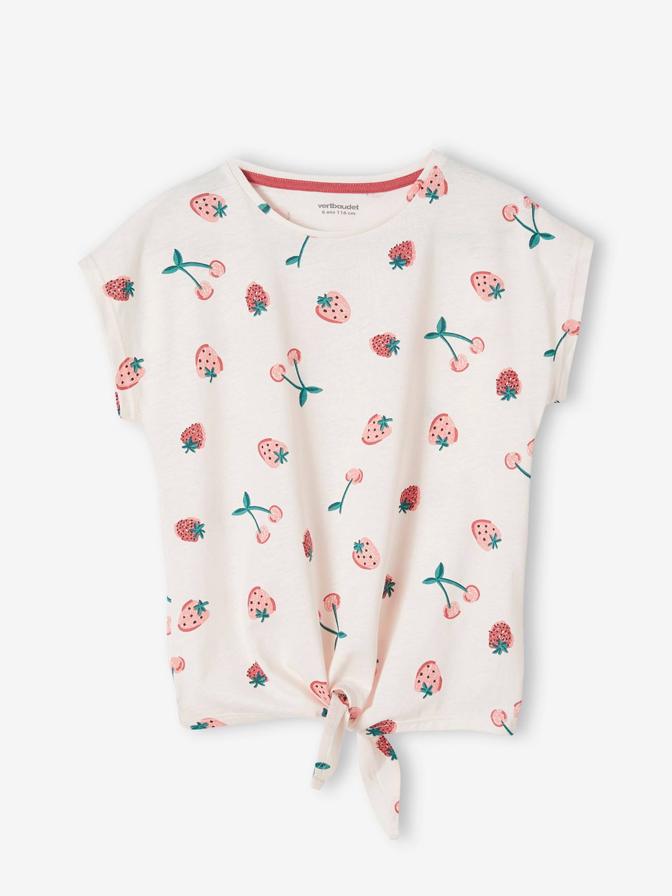 Camiseta estampada com laço elegante, para meninas, cor off-white