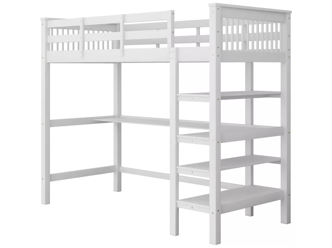 Lit mezzanine 90 x 200 cm pour enfant - bureau + étagères de rangement - blanc
