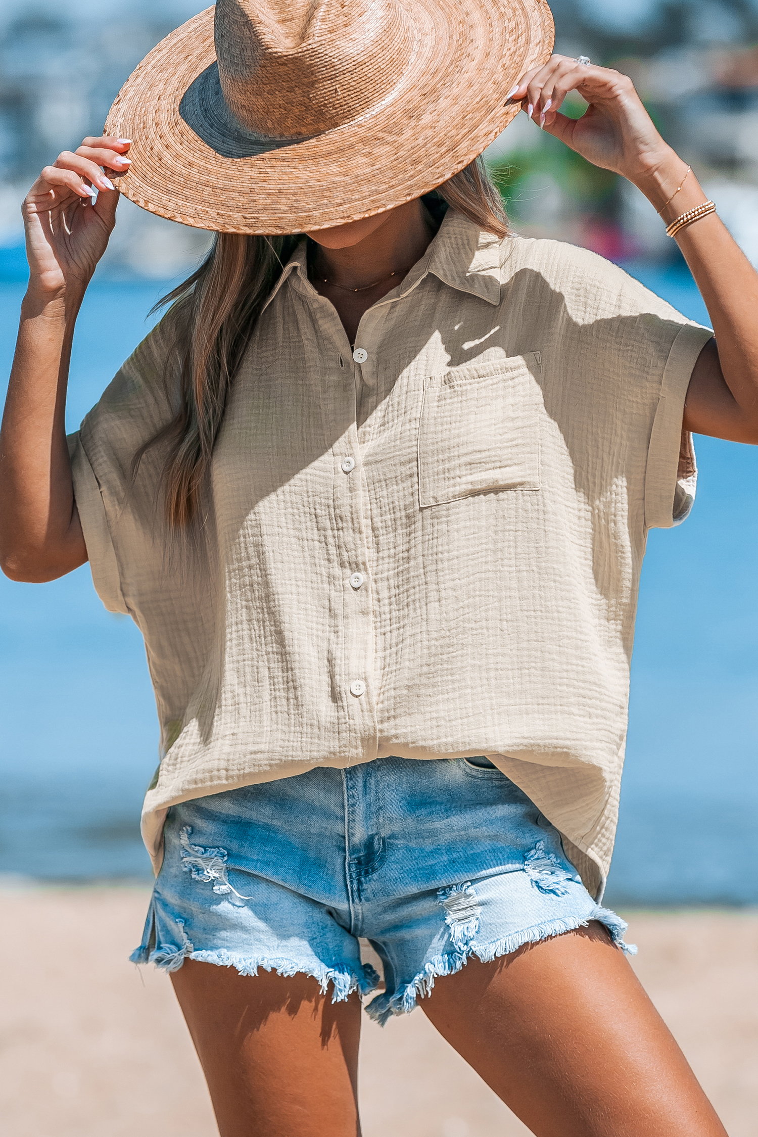 Chemise en pur coton à manches courtes et boutons abricot
