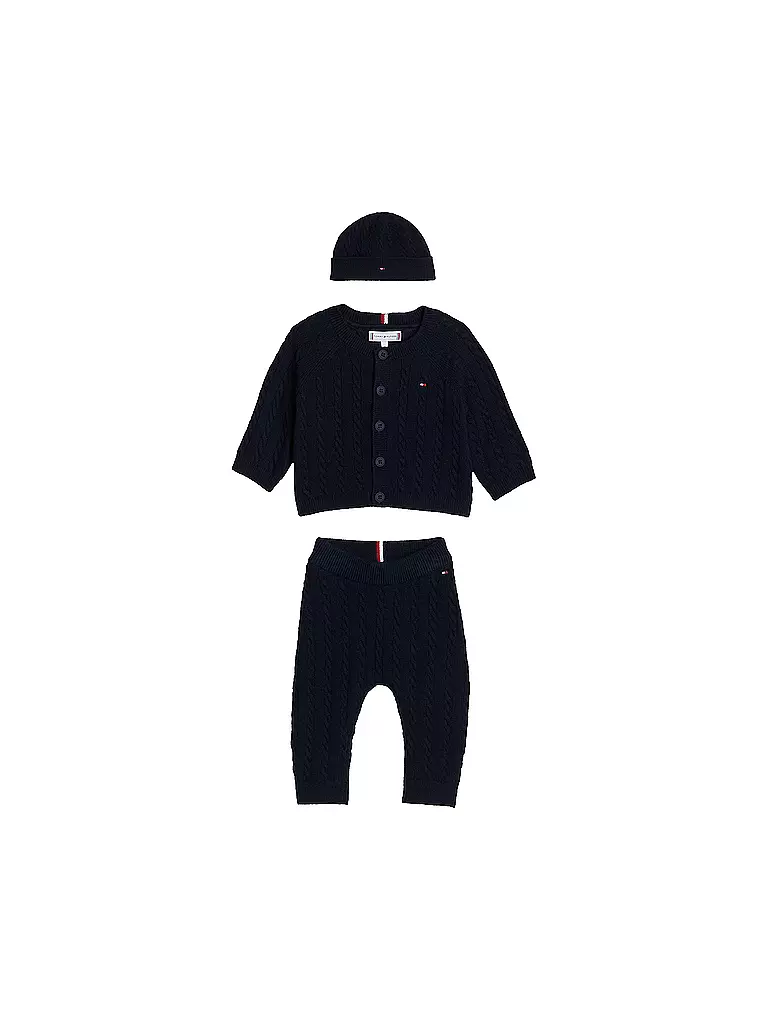 TOMMY HILFIGER Baby Set 3-tlg Strickjacke, Mütze und Strickhose dunkelblau